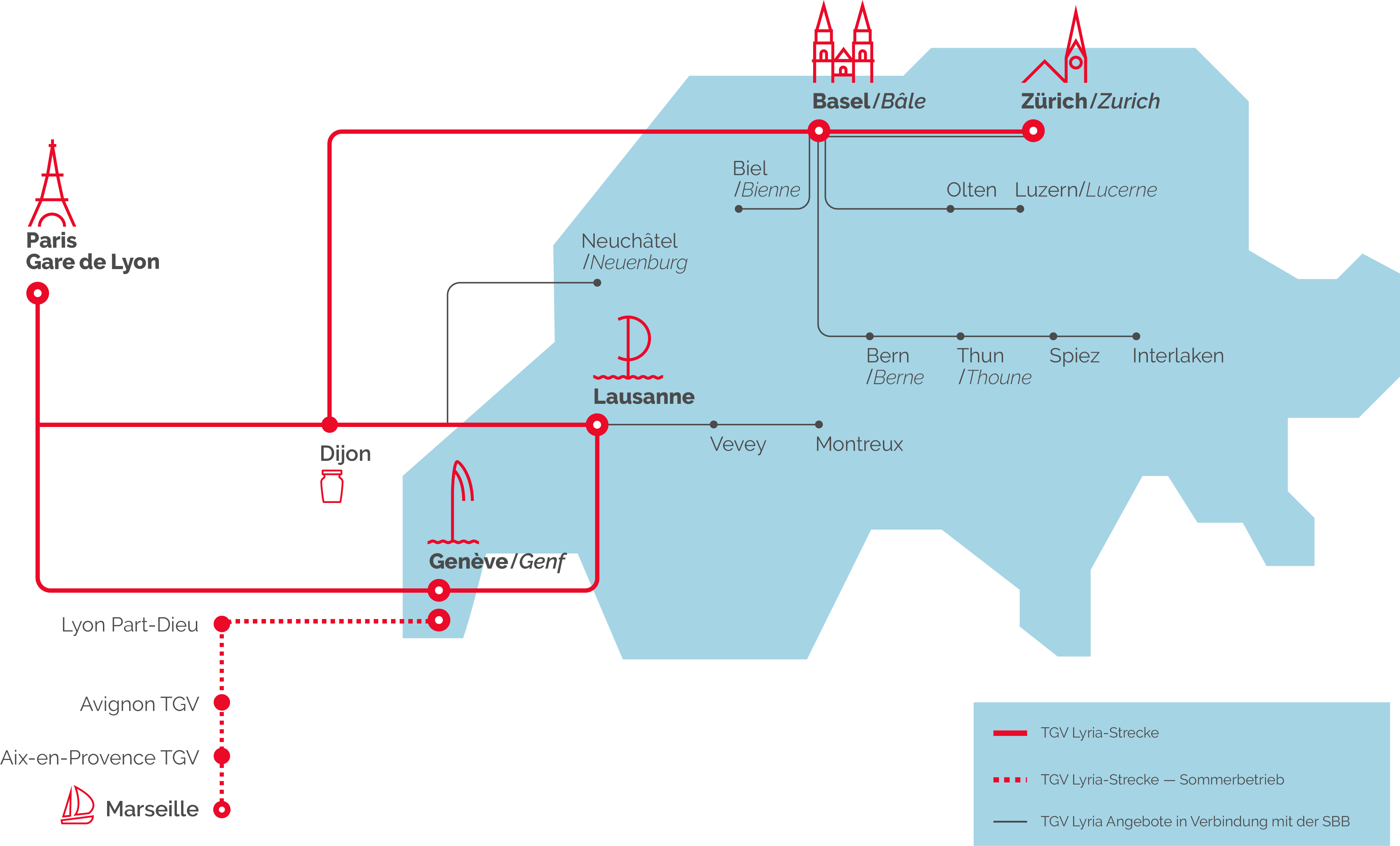 Netzkarte: Liste der Destinationen mit TGV Lyria