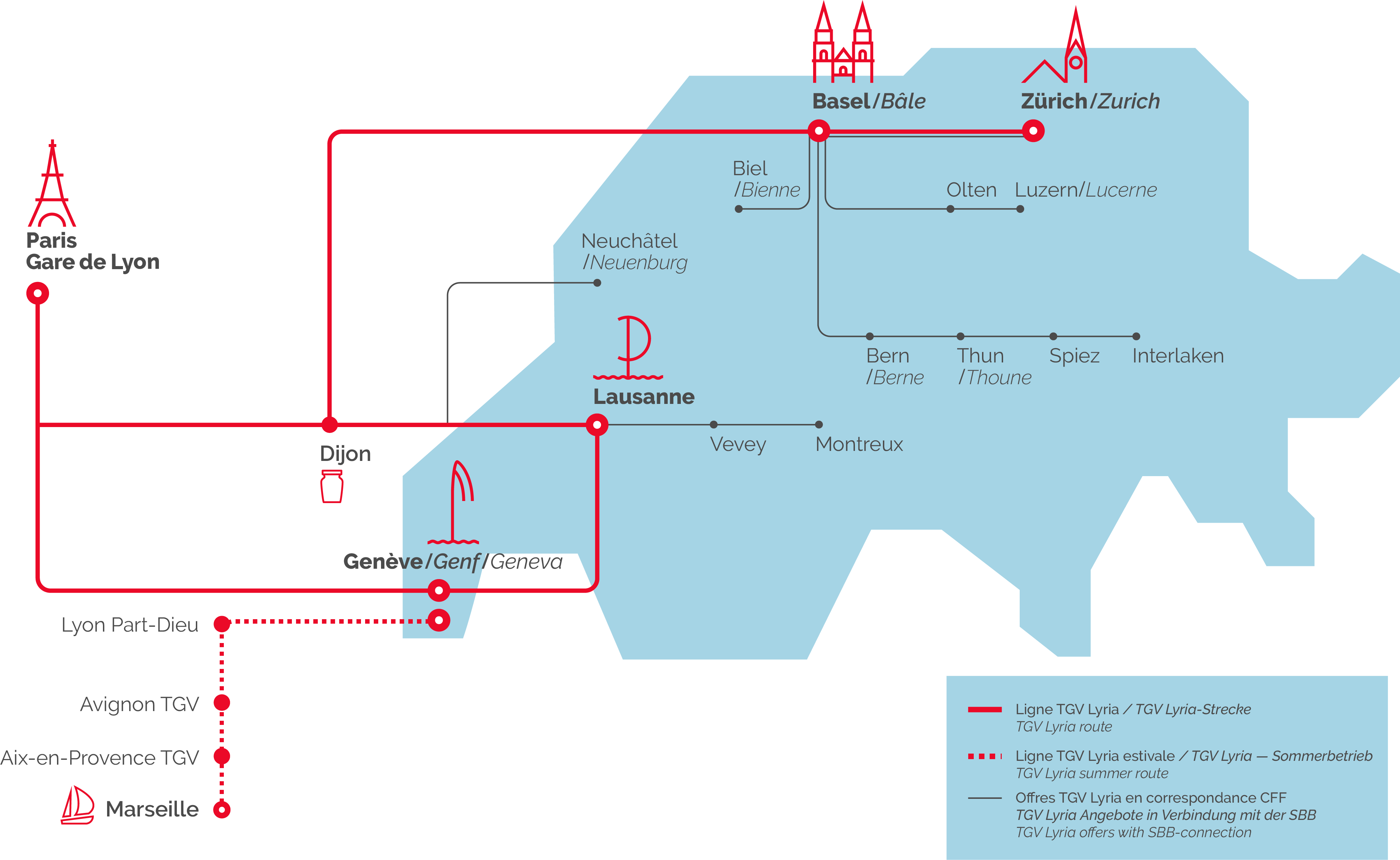 TGV Lyria destinations network with Combined Offers