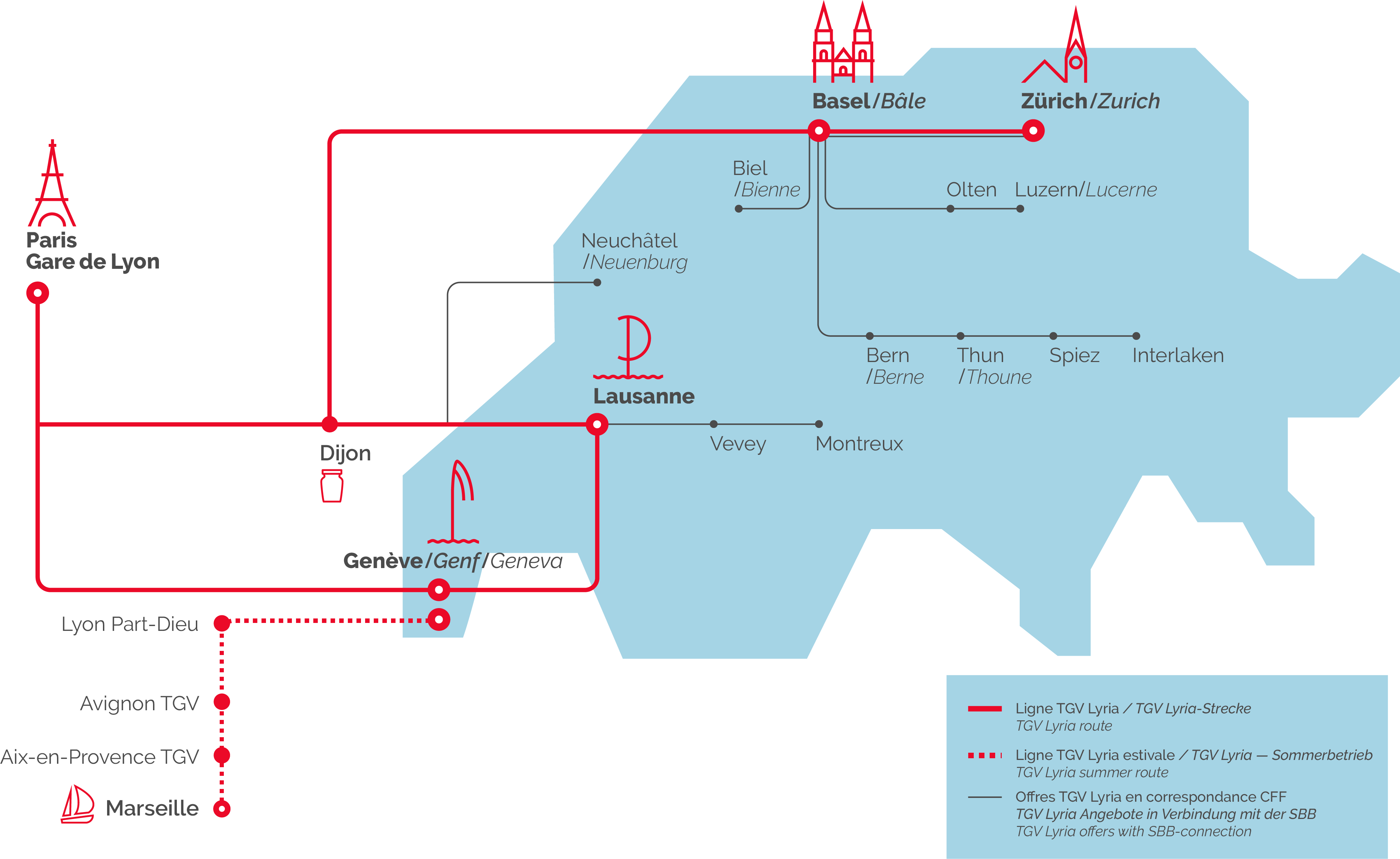 TGV Lyria destinations network with Combined Offers