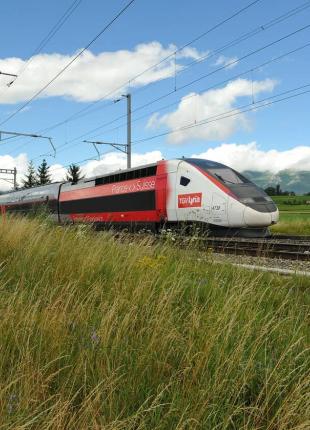 TGV Lyria - running train in the nature and fields