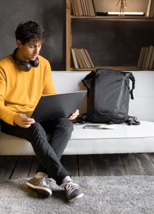 tgv lyria traveller booking a trip on computer with suitcase 