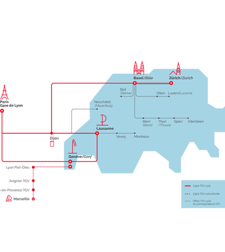 Carte du réseau TGV Lyria avec correspondances
