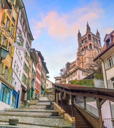 tgv lyria downtown lausanne city skyline in switzerland