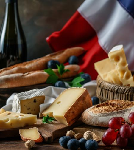 table gastronomique française avec du pain, du fromage, une baguette, un drapeau