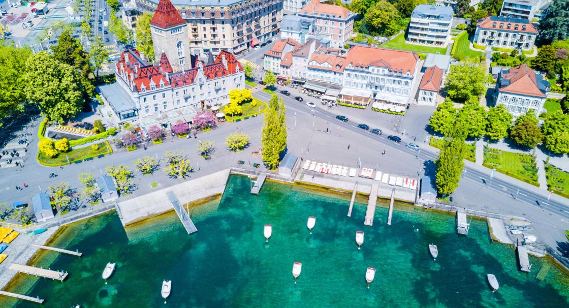 tgv lyria eerial panoramic view of ouchy waterfront lausanne
