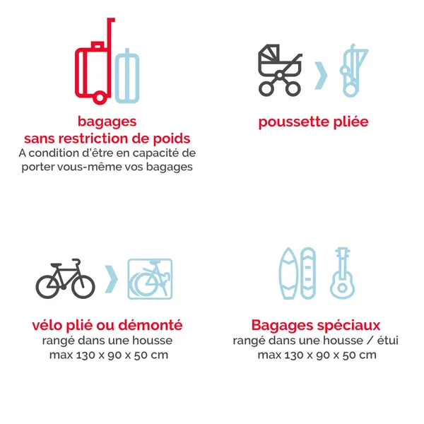Principales règles bagages à bord de TGV Lyria : bagages sans restriction de poids si vous pouvez les porter vous-même ; poussette pliée ; vélo plié ou démonté dans une housse, max. 130 × 90 × 50 cm ; bagages spéciaux dans une housse ou un étui, max. 130 × 90 × 50 cm.